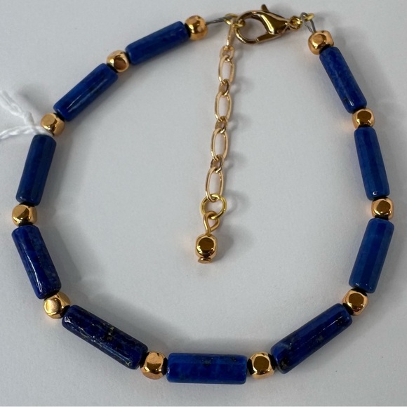 🌞HAND CRAFTED BRACELET Lapis Lazuli Tubes Gold Spacers Lobster Claw Clasp NWT - Picture 8 of 15